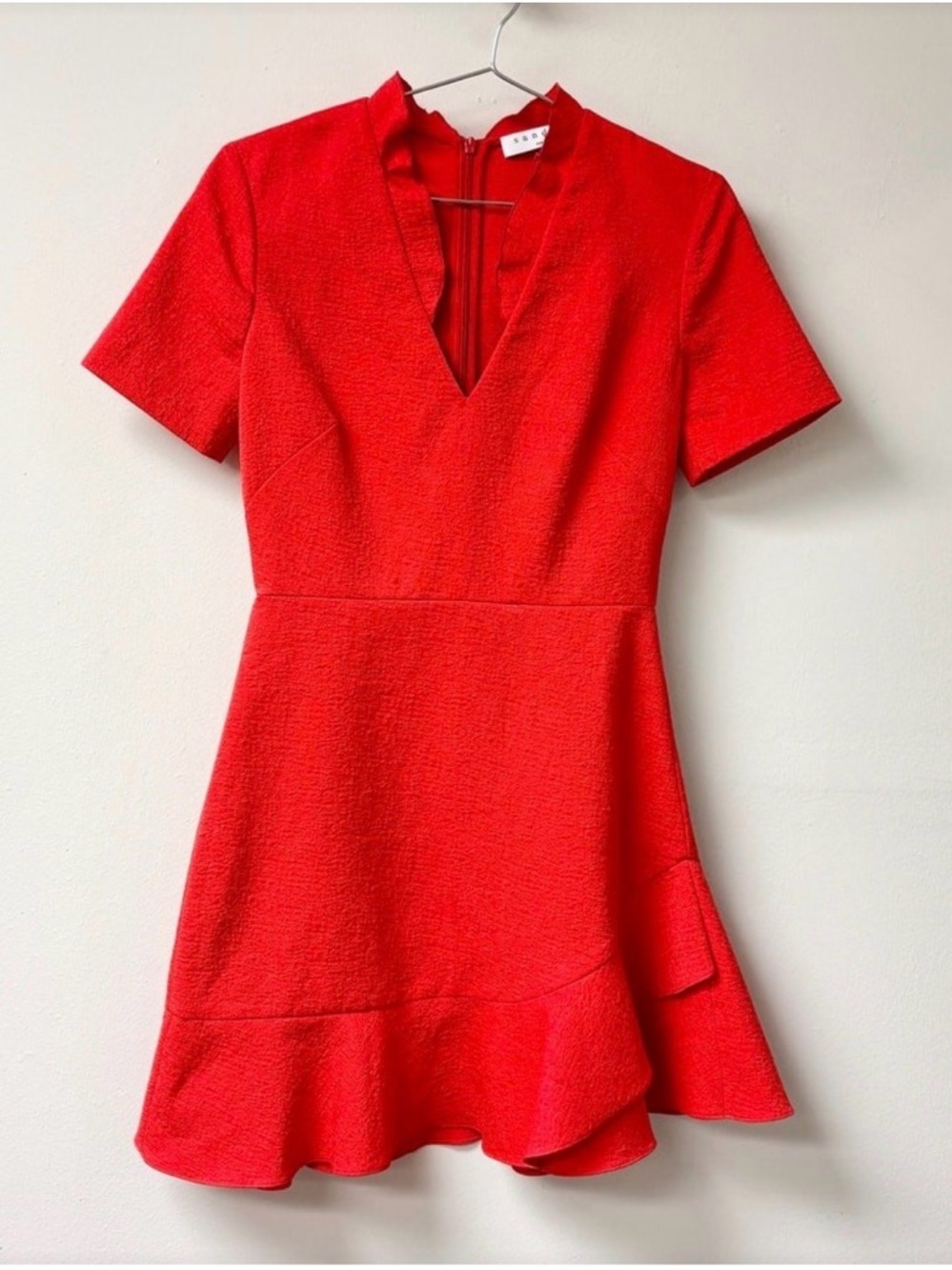 Sandro Red Textured V-Neck Mini Dress